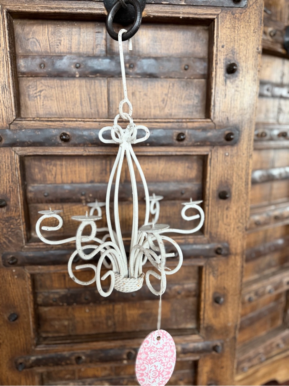 White Vintage-Style Metal Hanging Candle Chandelier